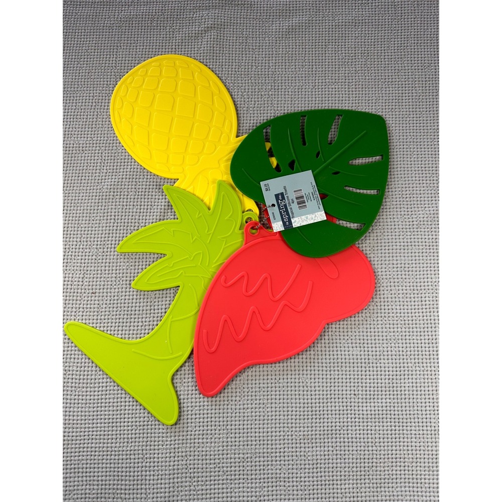 Tropical Silicone Trivets 4 pc Set Flamingo Pineapple Palm‎ Leaf Monstera